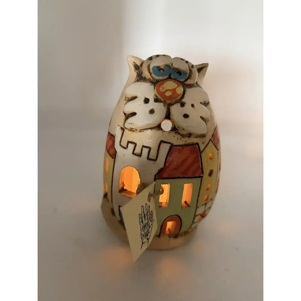 Folk Art Handmade Cat Shaped Ceramic Candle Holder Luminary Decor Votive